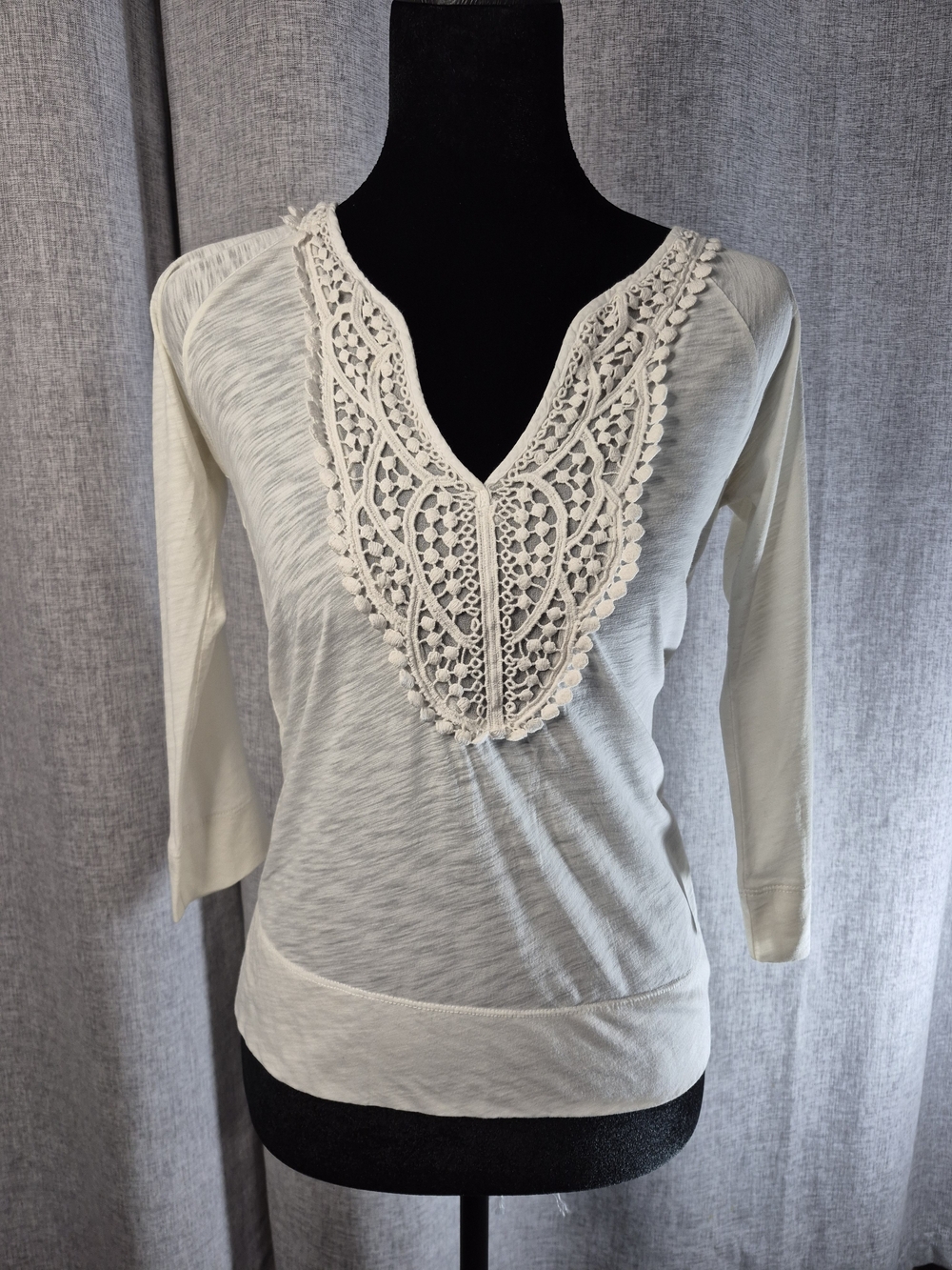 J.Crew Ivory Crochet Lace Boho Peasant Top XS 3/4 Sleeve